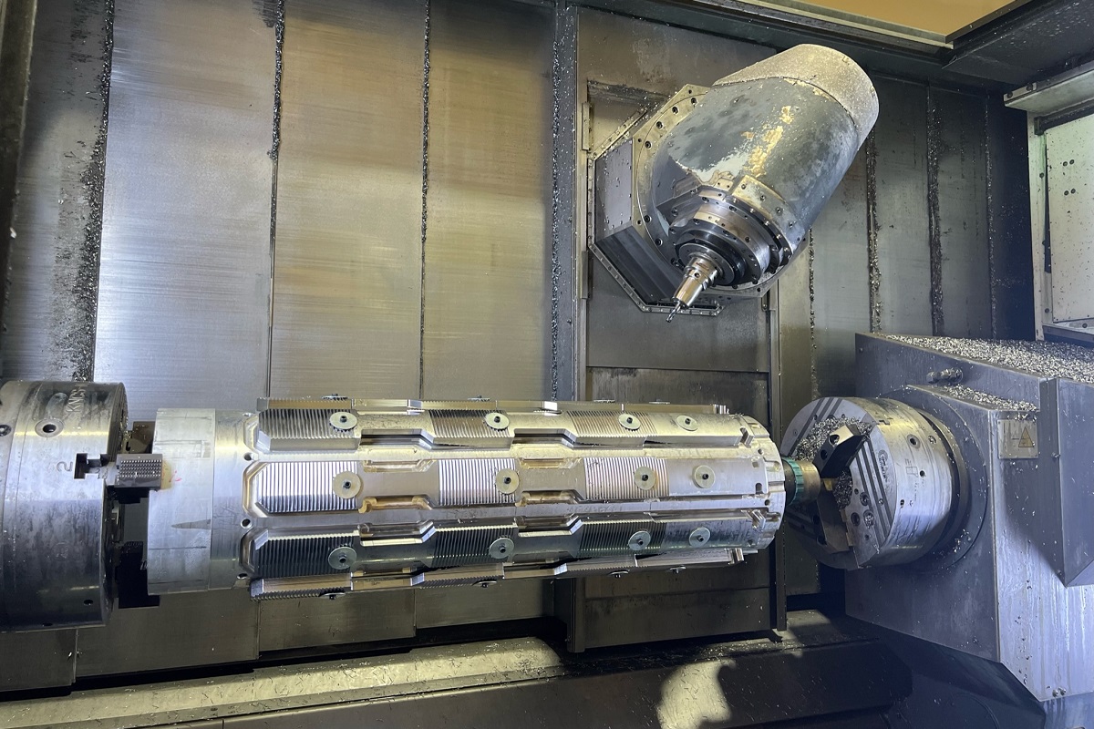 Brass parts being machined on a lathe